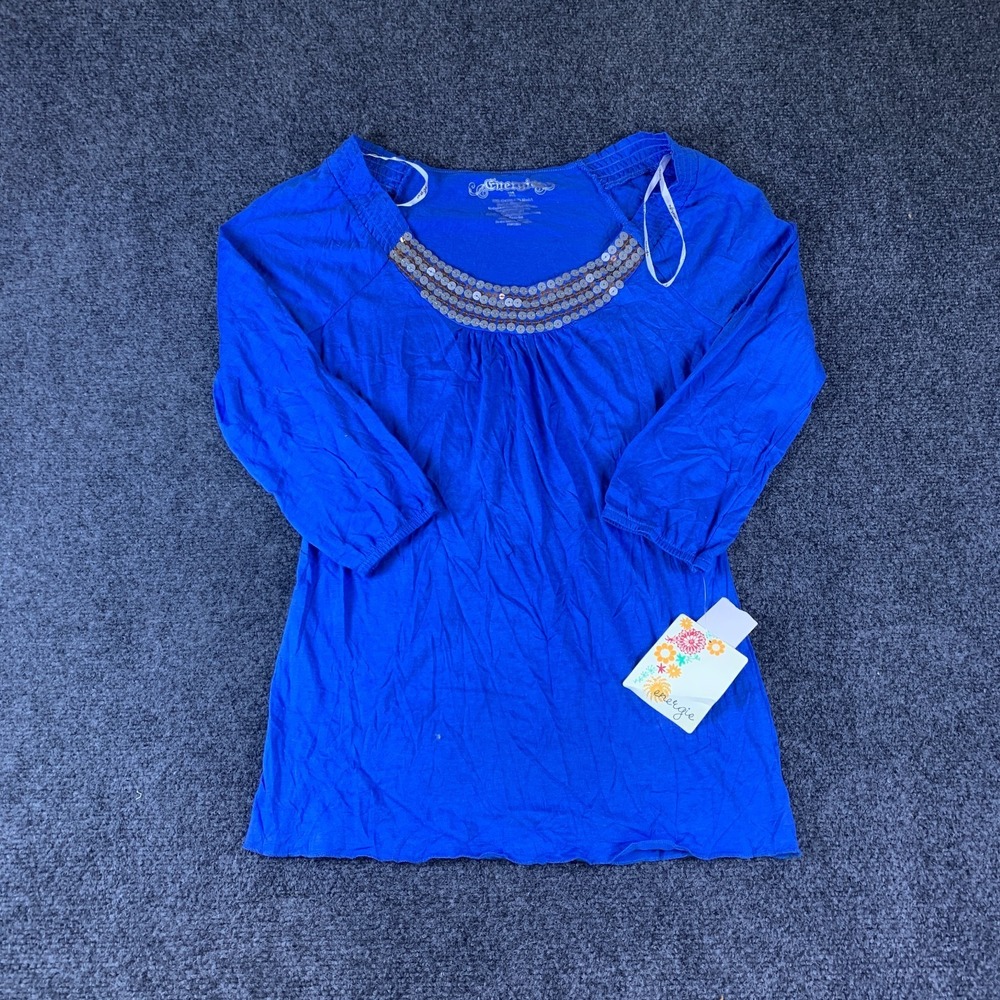 Energie Blouse Top Womens Medium Blue Ribbon Sequin Scoop Neck Raglan Sleeve